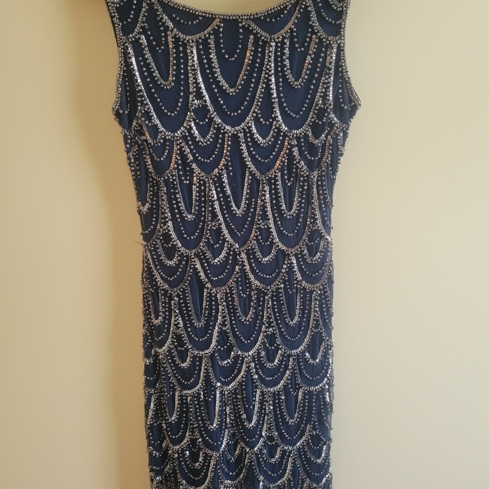 Pisarro Nights Beaded Cocktail Dress Size 4 Navy Blue Silver Sleeveless Formal - Picture 4 of 10
